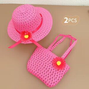 YES💲1⃣DOLLAR ADD▶▶Pink Hat and Bag Set with Flower Accents